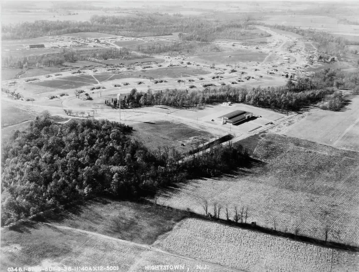 Framed Print : Air view of Jersey Homesteads, Hightstown, New Jersey, 1936. Creator: Dorothea Lange Framed Print : Air view of Jersey Homesteads, Hightstown, New Jersey, 1936. Creator: Dorothea Lange
