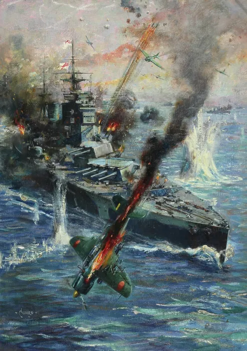 Framed Print : Aircraft attack British battleship, between 1941 and 1946. Creators: Central Office of Information, Terence Tenison Cuneo Framed Print : Aircraft attack British battleship, between 1941 and 1946. Creators: Central Office of Information, Terence Tenison Cuneo