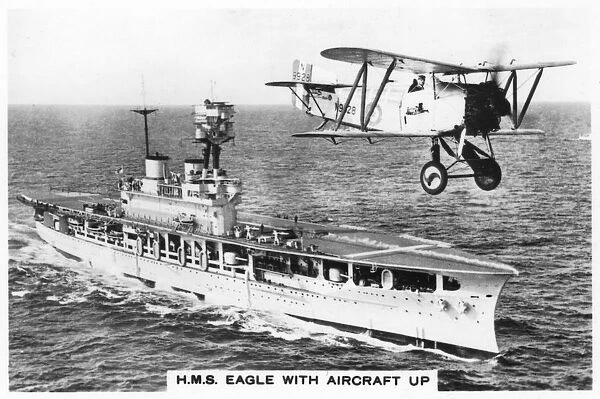 The aircraft carrier HMS Eagle and a Fairey Flycatcher aircraft, (1937)