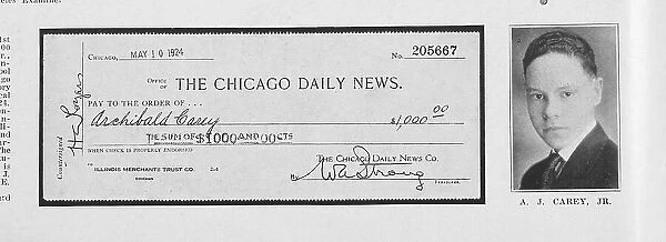 A.J. Carey, Jr.; The Chicago Daily News [1st prize check], 1925. Creator: Unknown
