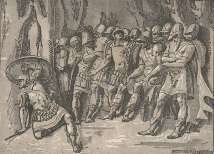 Framed Print : Ajax lower left holding a shield aloft, at the right stands Agamemnon surrounded by his Framed Print : Ajax lower left holding a shield aloft, at the right stands Agamemnon surrounded by his
