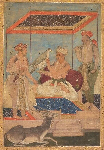 Akbar and Jahangir Examine a Ghir Falcon while Prince Khusrau Stands Behind, c. 1602-1604