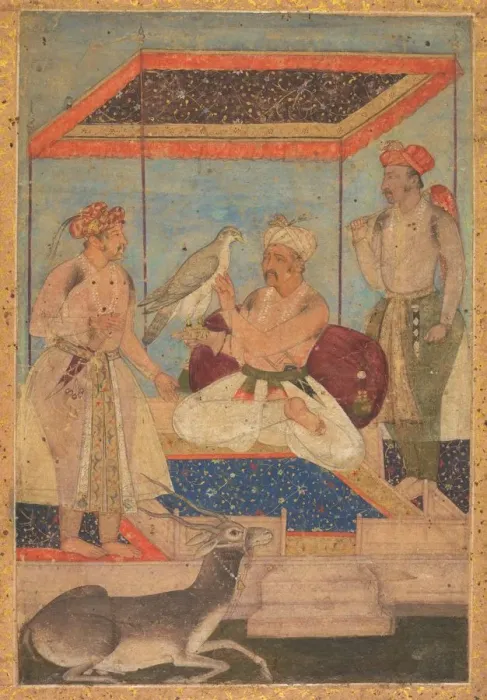 Framed Print : Akbar and Jahangir Examine a Ghir Falcon while Prince Khusrau Stands Behind, c. 1602-1604 Framed Print : Akbar and Jahangir Examine a Ghir Falcon while Prince Khusrau Stands Behind, c. 1602-1604