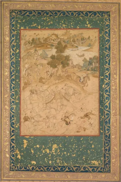 Framed Print : Akbar supervising the capture of wild elephants at Malwa in 1564, painting 90... c Framed Print : Akbar supervising the capture of wild elephants at Malwa in 1564, painting 90... c