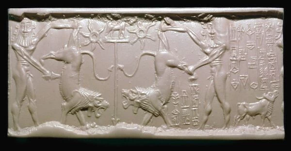 Akkadian cylinder-seal impression of a hero fighting a lion