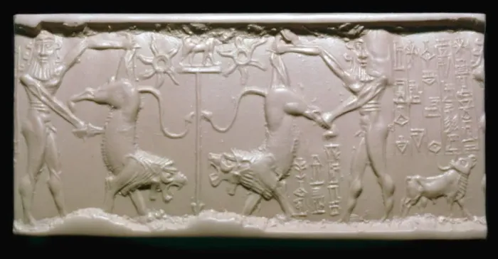 Framed Print : Akkadian cylinder-seal impression of a hero fighting a lion
