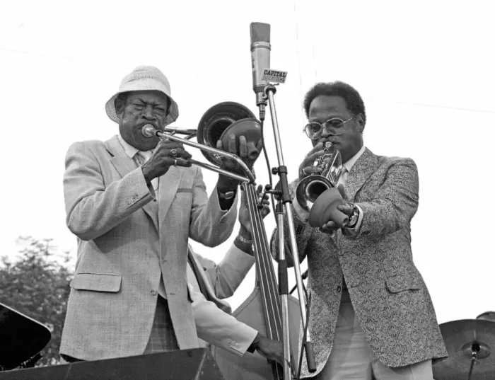 Framed Print : Al Grey and ClarkTerry, Capital Jazz Festival, Knebworth, Herts, July 82. Artist: Brian O Connor Framed Print : Al Grey and ClarkTerry, Capital Jazz Festival, Knebworth, Herts, July 82. Artist: Brian O Connor