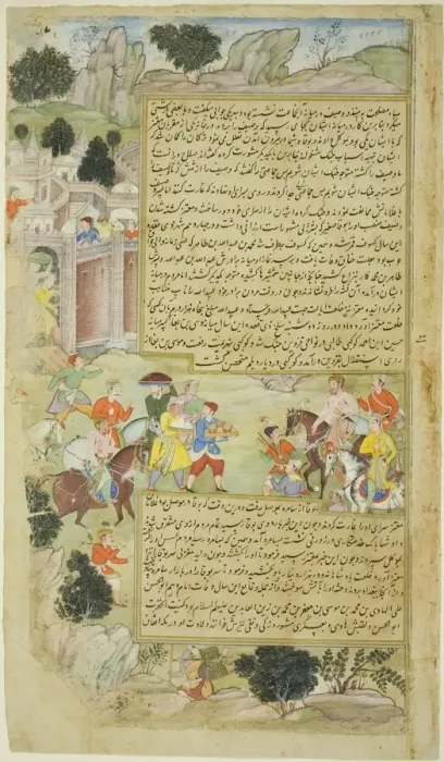 Framed Print : Al-Mu tazz Sends Gifts to Abdulla ibn Abdulla, from a copy of the Tarikh-i Alfi, 1592 / 94 Framed Print : Al-Mu tazz Sends Gifts to Abdulla ibn Abdulla, from a copy of the Tarikh-i Alfi, 1592 / 94