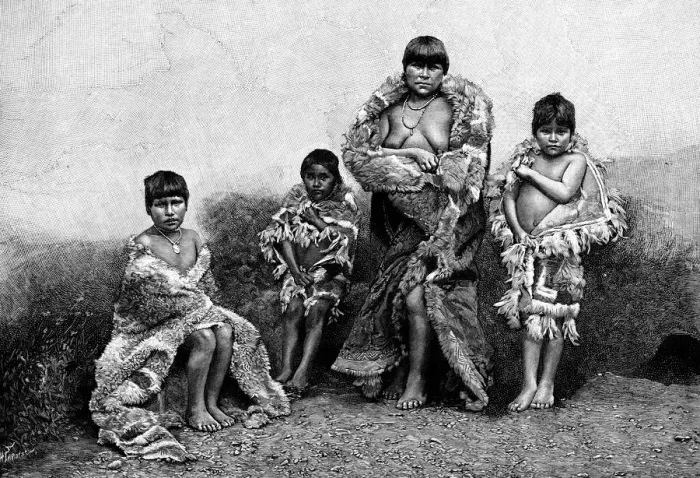 Framed Print : Alakaluf Fuegians, dressed in guanaco skins, Chile, 1895 Framed Print : Alakaluf Fuegians, dressed in guanaco skins, Chile, 1895