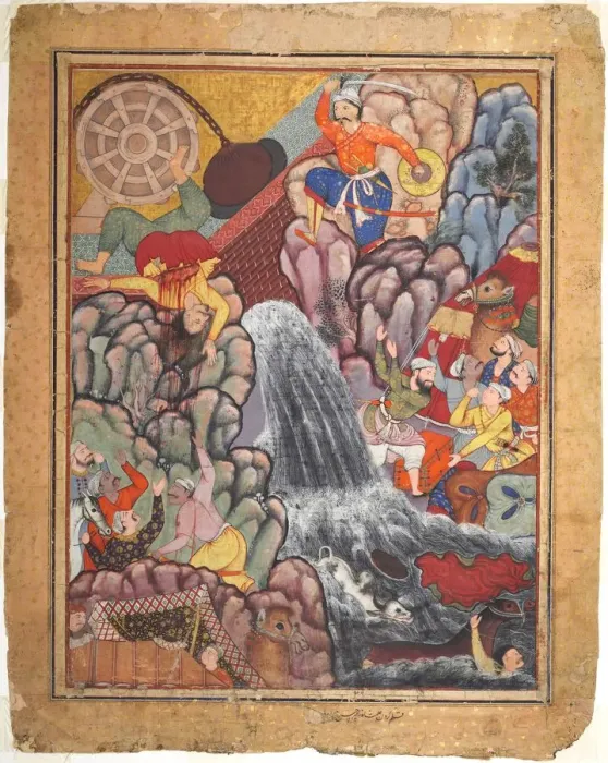 Framed Print : Alamshah cleaving asunder the chain of the wheel, from volume 11 of a Hamza-nama Framed Print : Alamshah cleaving asunder the chain of the wheel, from volume 11 of a Hamza-nama
