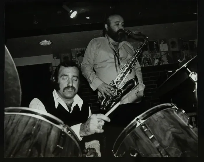 Framed Print : Alan Jackson (drums) and Don Weller (saxophone) playing at The Bell, Codicote, Hertfordshire, 1980 Framed Print : Alan Jackson (drums) and Don Weller (saxophone) playing at The Bell, Codicote, Hertfordshire, 1980