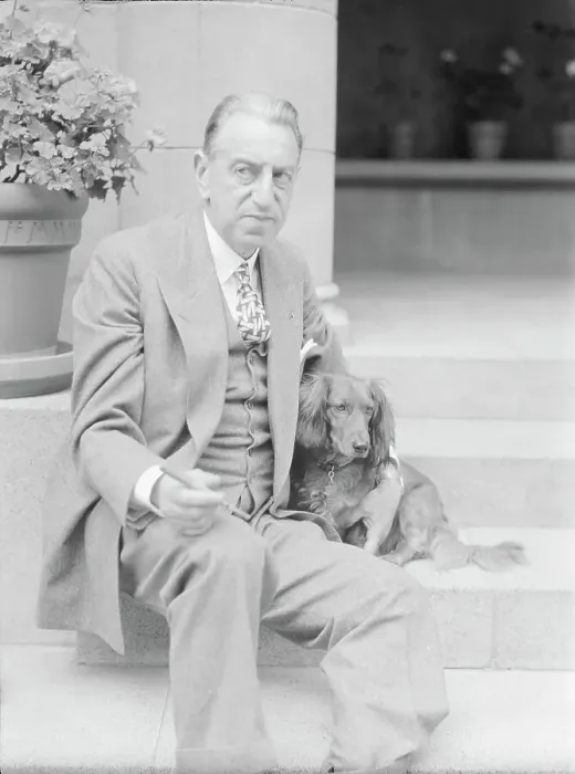 Framed Print : Alanson, Bertram, Mr. with dog, seated on steps, 1927 Creator: Arnold Genthe Framed Print : Alanson, Bertram, Mr. with dog, seated on steps, 1927 Creator: Arnold Genthe