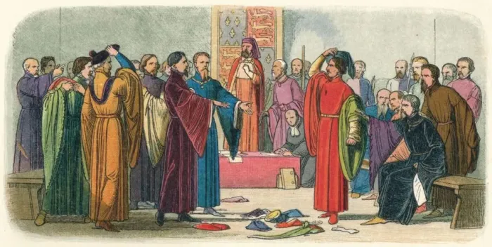 Framed Print : Albemarle and Fitzwalter exchange defiance, c. late 14th Century (18640. Artist: James William Edmund Doyle Framed Print : Albemarle and Fitzwalter exchange defiance, c. late 14th Century (18640. Artist: James William Edmund Doyle