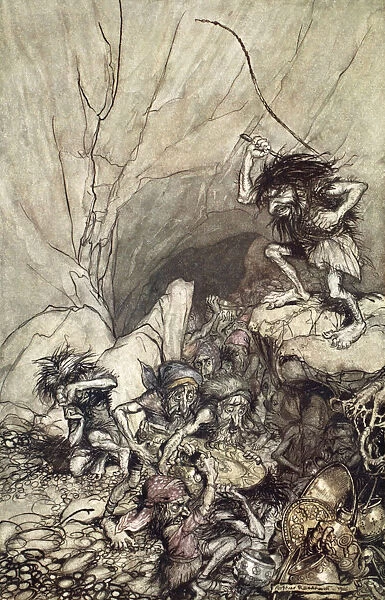 Alberich drives in a band of Nibelungs with gold and silver treasures, 1910. Artist