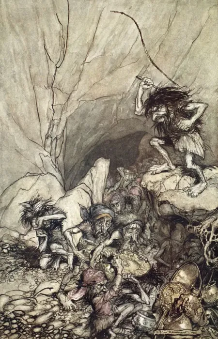 Framed Print : Alberich drives in a band of Nibelungs with gold and silver treasures, 1910. Artist Framed Print : Alberich drives in a band of Nibelungs with gold and silver treasures, 1910. Artist