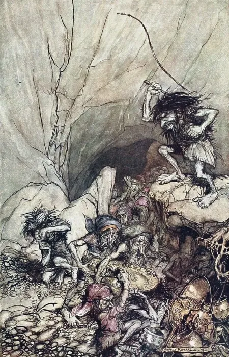 Framed Print : Alberich drives in a band of Niblungs laden with gold and silver treasure. Illustration for The Rhi Artist: Rackham, Arthur (1867-1939) Framed Print : Alberich drives in a band of Niblungs laden with gold and silver treasure. Illustration for The Rhi Artist: Rackham, Arthur (1867-1939)