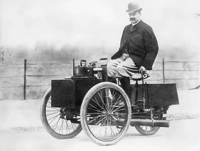Framed Print : Albert de Dion on a steam tricycle, 1888 Framed Print : Albert de Dion on a steam tricycle, 1888