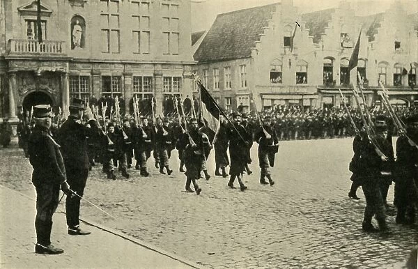 Albert I of Belgium reviewing troops, First World War, 1914, (c1920). Creator: Unknown