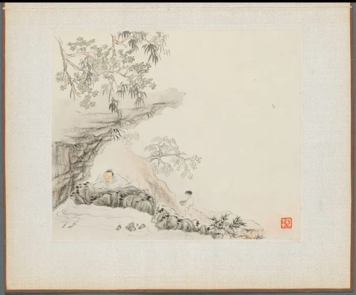 Framed Print : Album of Landscape Paintings Illustrating Old Poems: A Man Lies under a Rocky Overhang… Framed Print : Album of Landscape Paintings Illustrating Old Poems: A Man Lies under a Rocky Overhang…