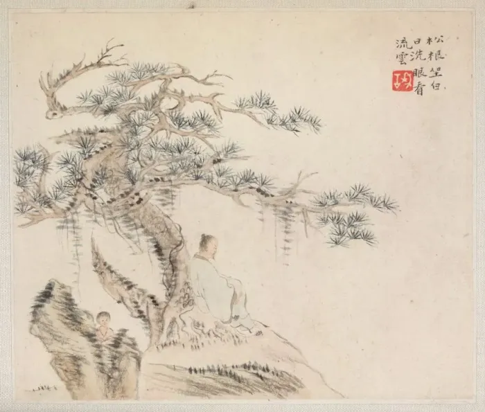 Framed Print : Album of Landscape Paintings Illustrating Old Poems: An Old Man Sits under a Pine Tree Framed Print : Album of Landscape Paintings Illustrating Old Poems: An Old Man Sits under a Pine Tree
