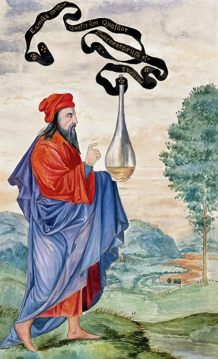 Framed Print : An alchemical adept carrying the vase of Hermes, which is inscribed Let us... 1900-1909. Creator: Edith Annie Ibbs Framed Print : An alchemical adept carrying the vase of Hermes, which is inscribed Let us... 1900-1909. Creator: Edith Annie Ibbs