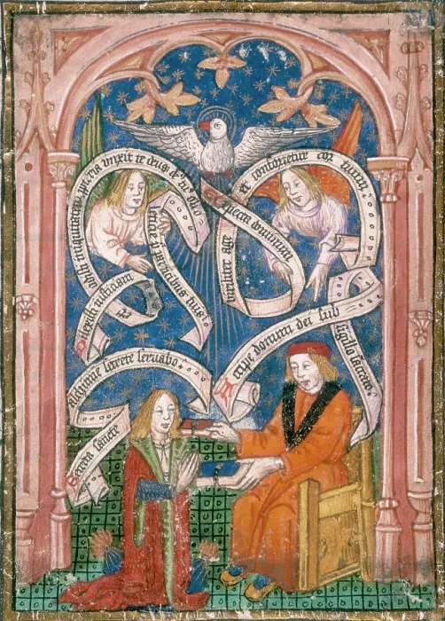 Framed Print : An alchemical disciple receives a book from his master, c1477. Creator: Unknown Framed Print : An alchemical disciple receives a book from his master, c1477. Creator: Unknown