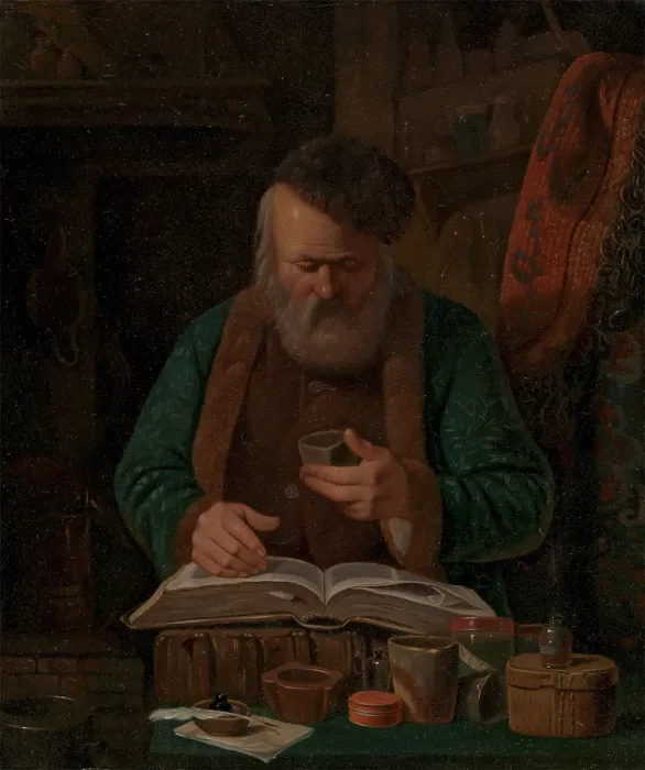 Framed Print : An alchemist or chemist examining a liquid, 1841. Creator: Charles-Emile Francois Framed Print : An alchemist or chemist examining a liquid, 1841. Creator: Charles-Emile Francois