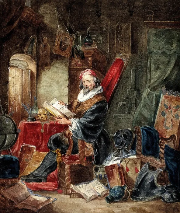 Framed Print : An alchemist reading in a romanticised laboratory setting, 19th century. Creator: Unknown Framed Print : An alchemist reading in a romanticised laboratory setting, 19th century. Creator: Unknown