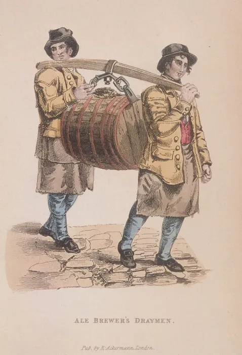 Framed Print : Two ale brewers draymen carrying a barrel between them, c1830 Framed Print : Two ale brewers draymen carrying a barrel between them, c1830