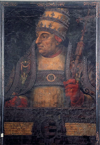 Alejandro Borgia, Alejandro VI (1431-1503). Pope (1492-1503). Oil painting on guadamacil
