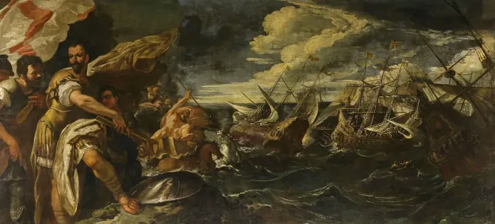 Framed Print : Alessandro Farnese witnesses the destruction of the Invincible Armada, 1687. Creator: Ricci, Sebastiano (1659-1734) Framed Print : Alessandro Farnese witnesses the destruction of the Invincible Armada, 1687. Creator: Ricci, Sebastiano (1659-1734)