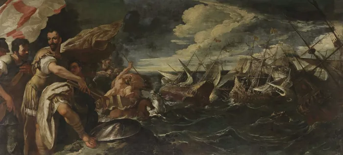 Framed Print : Alessandro Farnese witnesses the destruction of the Invincible Armada, 1687. Creator: Ricci, Sebastiano (1659-1734) Framed Print : Alessandro Farnese witnesses the destruction of the Invincible Armada, 1687. Creator: Ricci, Sebastiano (1659-1734)