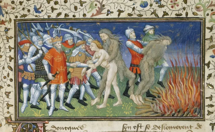 Framed Print : Alexander burns a wild man, early 15th century. Creator: Unknown Framed Print : Alexander burns a wild man, early 15th century. Creator: Unknown