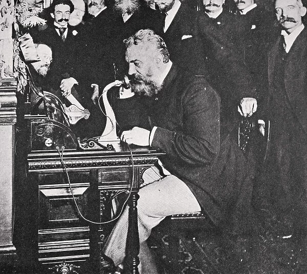 Alexander Graham Bell makes the first telephone call between New York and Chicago, USA, 1892