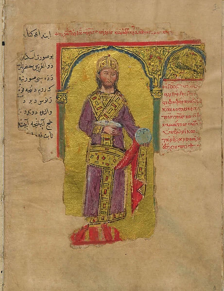 Alexander the Great in the Byzantine Emperor Dress (Miniature from the Alexander romance), 14th cent Artist: Byzantine Master