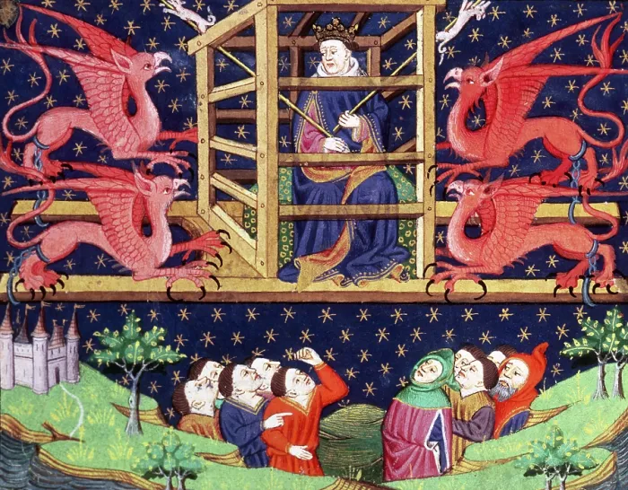 Framed Print : Alexander the Great, in a cage, being carried aloft by griffins, mid 15th century. Creator: Unknown Framed Print : Alexander the Great, in a cage, being carried aloft by griffins, mid 15th century. Creator: Unknown