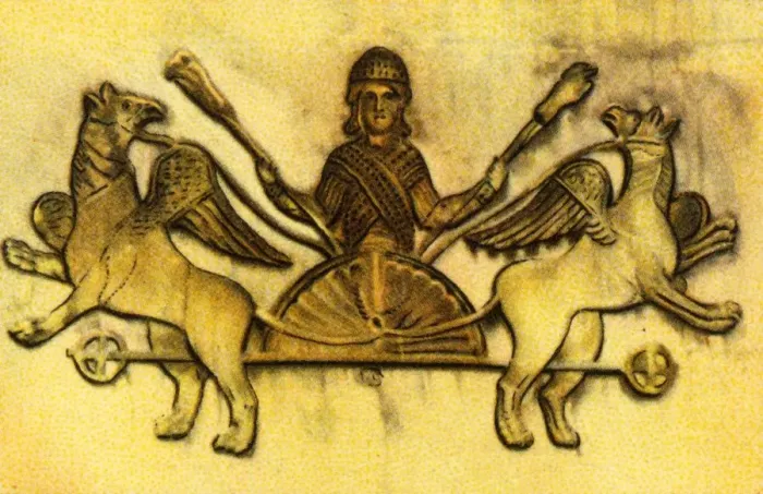 Framed Print : Alexander the Great in a chariot pulled by winged griffins, (1932). Creator: Unknown Framed Print : Alexander the Great in a chariot pulled by winged griffins, (1932). Creator: Unknown