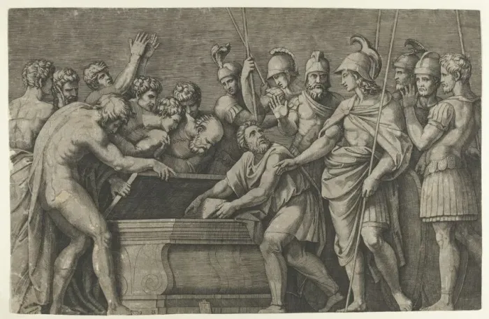 Framed Print : Alexander the Great commanding that the work of Homer be placed in the tomb of Ac... ca. 1500-1534. Creator: Marcantonio Raimondi Framed Print : Alexander the Great commanding that the work of Homer be placed in the tomb of Ac... ca. 1500-1534. Creator: Marcantonio Raimondi