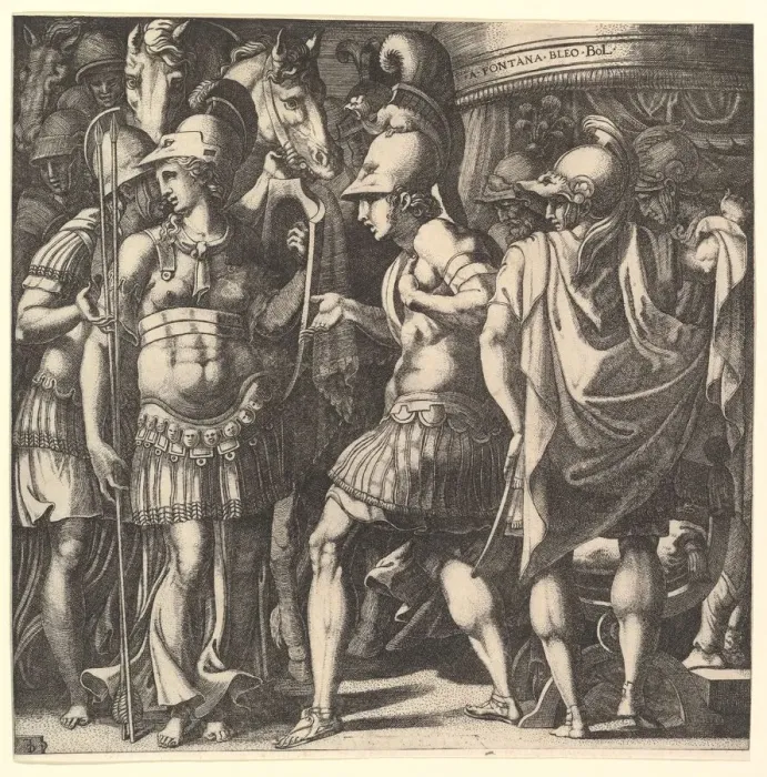 Framed Print : Alexander welcoming Thalestris and the Amazons, mid-16th century. Creator: Master FG Framed Print : Alexander welcoming Thalestris and the Amazons, mid-16th century. Creator: Master FG