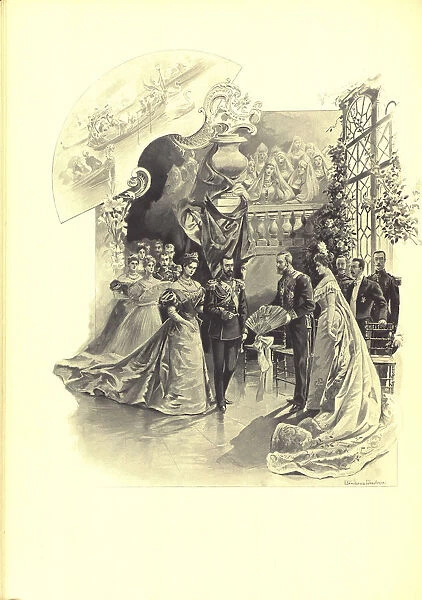 Alexandra Fyorodovna and Nicholas II during the ceremonial reception at the French Embassy, 1899. Artist: Samokish-Sudkovskaya, Elena Petrovna (1863-1924)