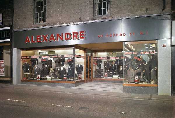 Alexandre of Oxford Street, mens clothes shop frontage, Mexborough, South Yorkshire, 1963