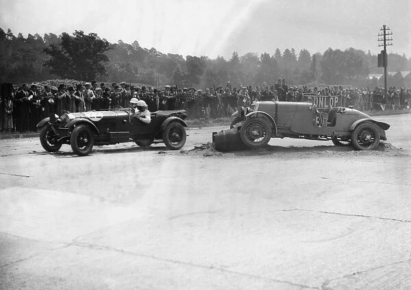 Alfa Romeo passing R Childes crashed Lea-Francis, BARC 6-Hour Race, Brooklands