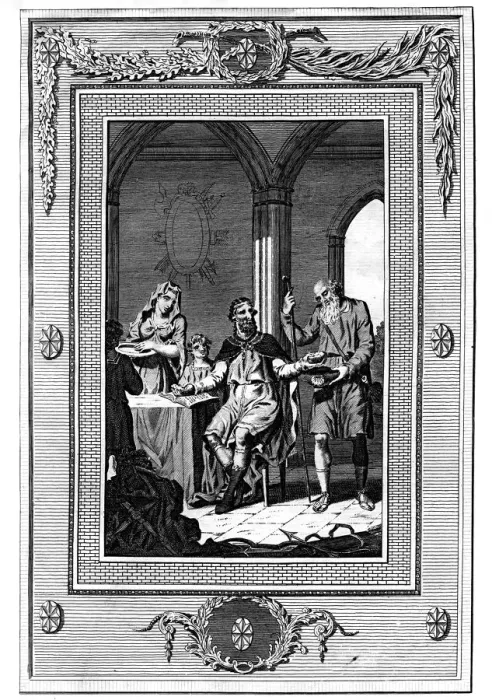 Framed Print : Alfred The Great dividing his loaf with a poor pilgrim, 9th century, (1772) Framed Print : Alfred The Great dividing his loaf with a poor pilgrim, 9th century, (1772)