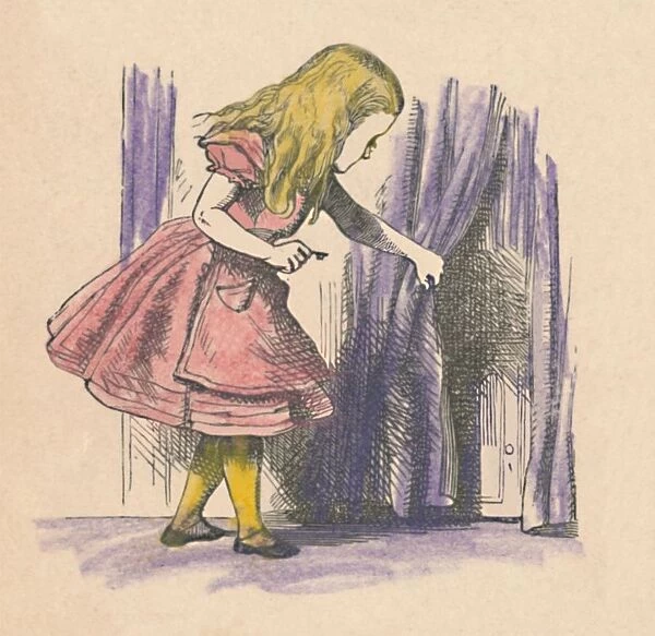 Alice looking at a small door behind a curtain, 1889. Artist: John Tenniel