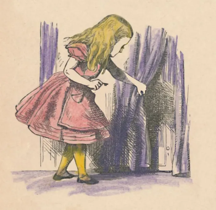 Framed Print : Alice looking at a small door behind a curtain, 1889. Artist: John Tenniel Framed Print : Alice looking at a small door behind a curtain, 1889. Artist: John Tenniel