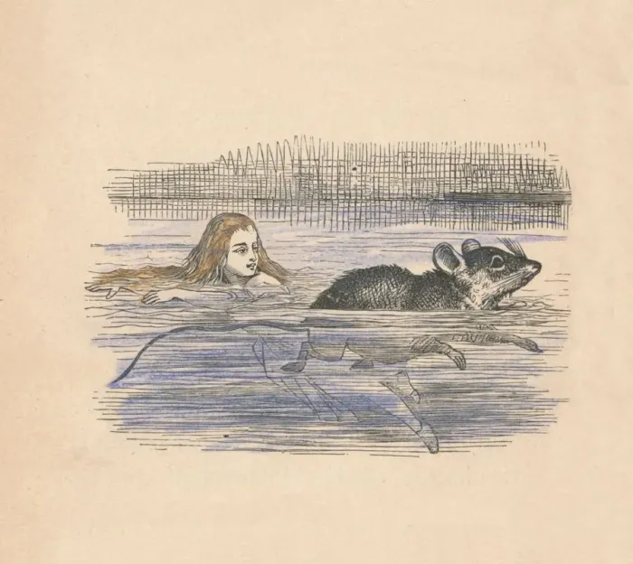 Framed Print : Alice swimming with a mouse in a pool, 1889. Artist: John Tenniel Framed Print : Alice swimming with a mouse in a pool, 1889. Artist: John Tenniel
