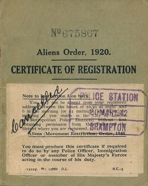 Aliens Order, Certificate of Registration, 1920