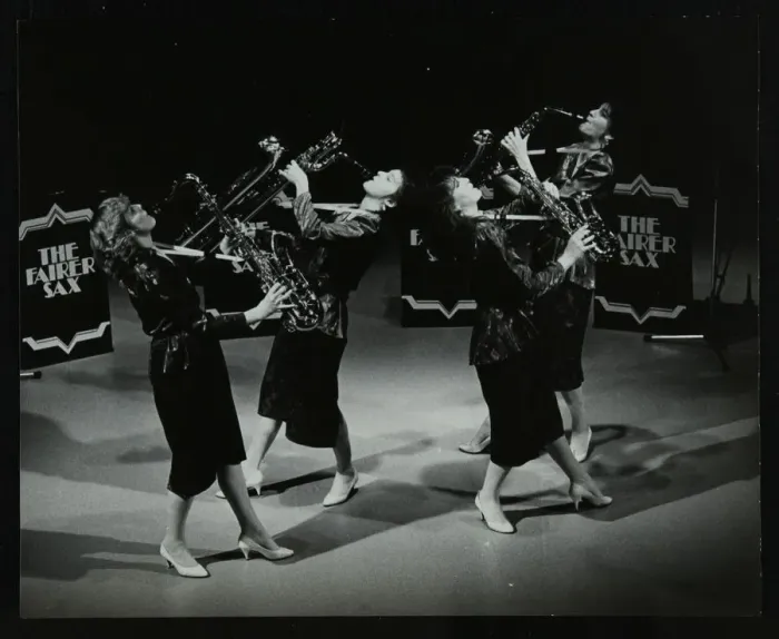 Framed Print : All-female quartet The Fairer Sax performing at the Forum Theatre, Hatfield, Hertfordshire, 1987 Framed Print : All-female quartet The Fairer Sax performing at the Forum Theatre, Hatfield, Hertfordshire, 1987