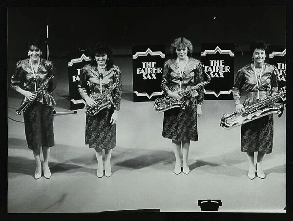 All-female quartet The Fairer Sax on stage at the Forum Theatre, Hatfield, Hertfordshire, 1987