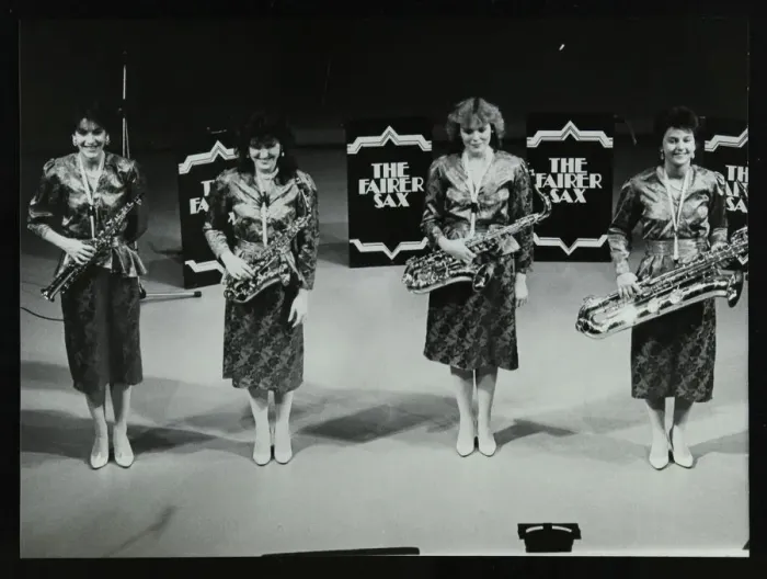 Framed Print : All-female quartet The Fairer Sax on stage at the Forum Theatre, Hatfield, Hertfordshire, 1987 Framed Print : All-female quartet The Fairer Sax on stage at the Forum Theatre, Hatfield, Hertfordshire, 1987